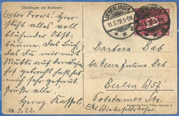 Postkarte - Barbara Bab Ansichtskarte von Überlingen an Barbara Bab bei Herrn Julius Bab, Berlin, Potsdamer Straße - Ecke Winterfeldstraße - versandt am 11. Mai 1922 - Kartenrückseite