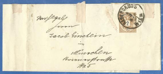 Zeitungsbanderole - Jacob Einstein Zeitungsbanderole - von einem Zeitschriftenversand aus Wien an Wohlgeboren Herrn Jacob Einstein in München, Briennerstraße 5 - versandt am 4. März 1890