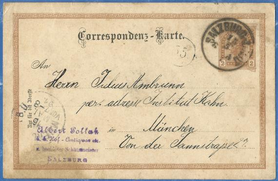 Postkarte privater Art an Herrn Julius Ambrunn, per Adresse Institut Kahn in München,Von der Tann Straße 27 - versandt am 15. Mai 1897