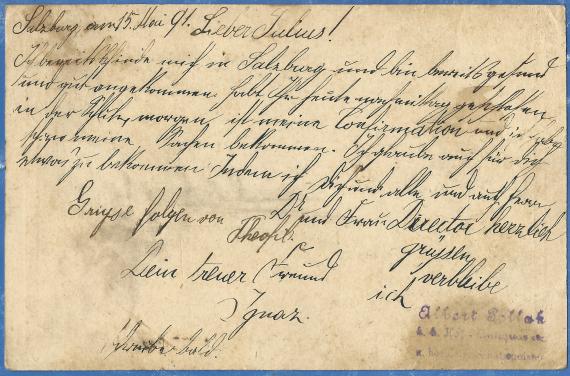 Private postcard from Ignaz Pollak, mailed from Salzburg to Munich on May 15, 1891 - back of card