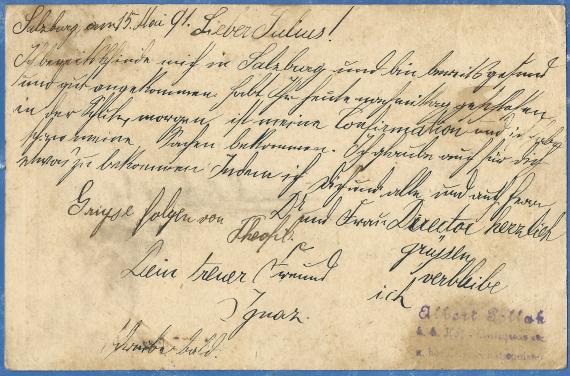 Postkarte - Julius Ambrunn Postkarte privater Art an Herrn Julius Ambrunn, per Adresse Institut Kahn in München,Von der Tann Straße 27 - versandt am 15. Mai 1897 - Kartenrückseite