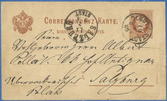 Postkarte geschäftlicher Art an Seine Wohlgeboren Herrn Albert Pollak, K.K. Hofantiquar,Überackerischer Platz, Salzburg, - versandt am 10. Februar 1880