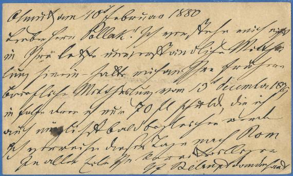Postkarte - Albert Pollak Postkarte geschäftlicher Art an Seine Wohlgeboren Herrn Albert Pollak, K.K. Hofantiquar,Überackerischer Platz, Salzburg, - versandt am 10. Februar 1880 - Kartenrückseite