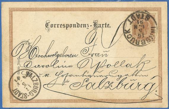 Postkarte - Caroline Pollak Postkarte privater Art an die Hochwohlgeborene Frau Caroline Pollak, K&K Hofantiquarsgattin in Salzburg, - versandt am 16. Mai 1891