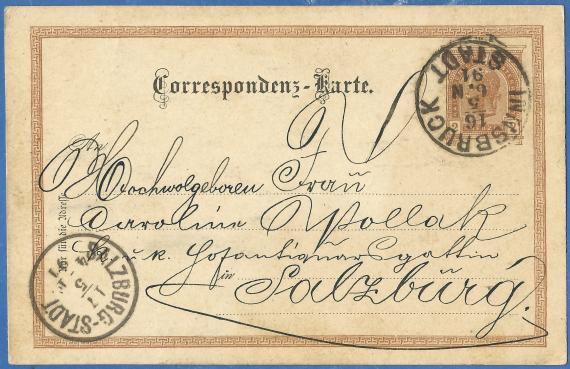 Postcard of private nature to the Hochwohlgeborene Mrs. Caroline Pollak, K&K Hofantiquarsgattin in Salzburg, - sent on May 16, 1891