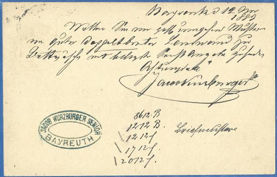 Postkarte geschäftlicher Art von Jacob Würzburger Senior aus Bayreuth, - versandt am 12. November 1883 - Kartenrückseite