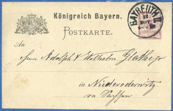 Postkarte geschäftlicher Art von Jacob Würzburger Senior aus Bayreuth, - versandt am 12. November 1883 