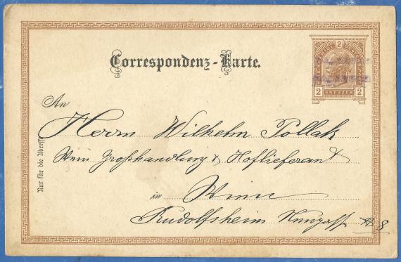 Postkarte geschäftlicher Art an Herrn Wilhelm Pollak, Weingroßhandlung & Hoflieferant in Wien, Rudolfsheim, Neugasse 8, - versandt am 10. März 1891 von Herrn Albert Pollak aus Salzburg