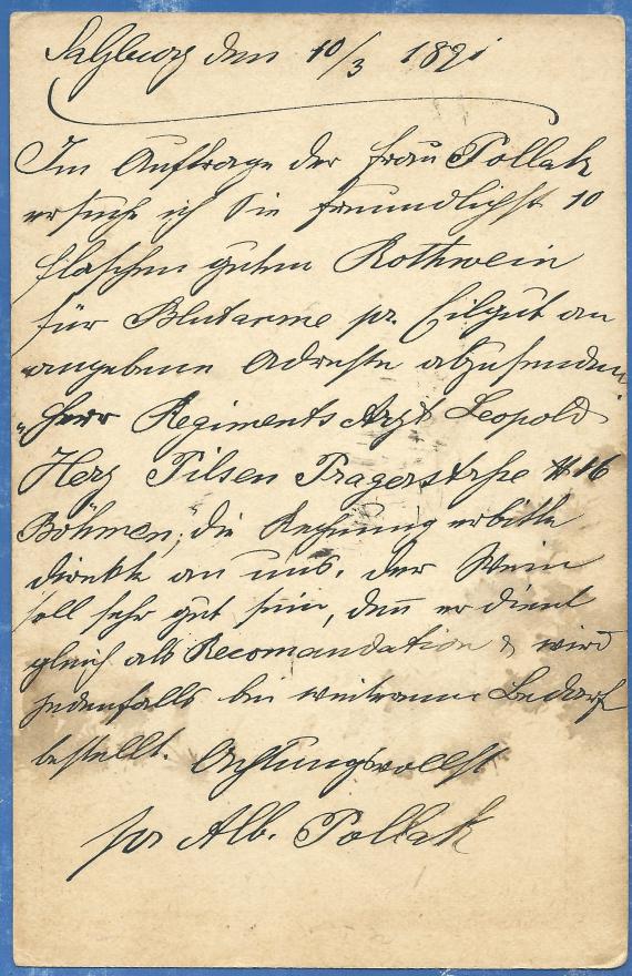 Postkarte - Albert Pollak Postkarte geschäftlicher Art von Albert Pollak aus Salzburg an die Weingroßhandlung & Hoflieferant Wilhelm Pollak in Wien, - versandt 10. März 1891 - Katenrückseite