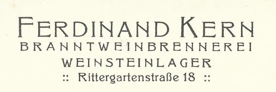 Business postcard of the brandy distillery and tartar warehouse Ferdinand Kern in Neustadt an der Haardt, Rittergartenstraße 18, - sent to 27.27. May 1913 - clipping enlargement company address