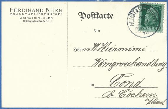 Business postcard of the wine distillery and tartar warehouse Ferdinand Kern in Neustadt an der Haardt, Rittergartenstraße 18, - mailed May 27, 1913