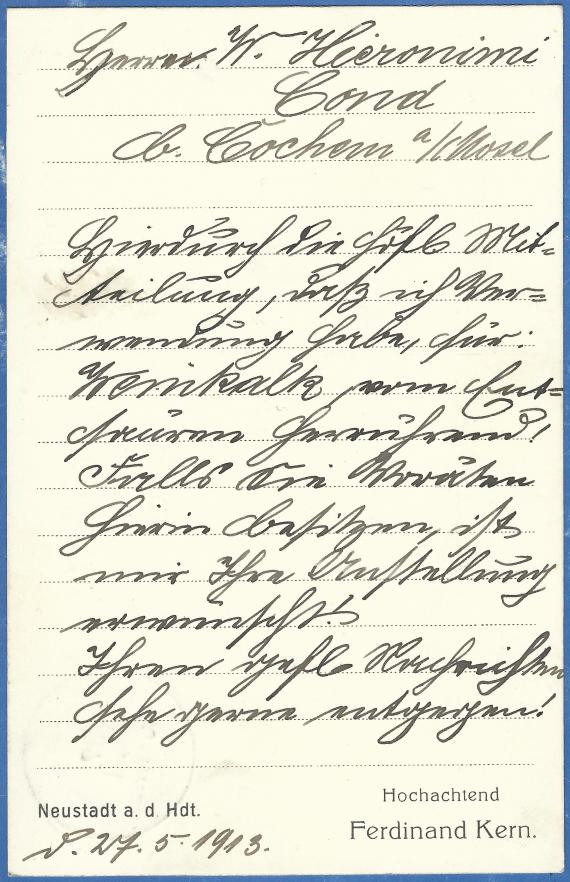 Geschäftspostkarte der Weinbranntbrennerei und Weinsteinlager Ferdinand Kern in Neustadt an der Haardt, Rittergartenstraße 18, - versandt am 27.Mai 1913  -  Kartenrückseite