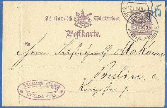 Postkarte geschäftlicher Art an Herrn Justizrath Makower in Berlin, Königstraße 7, - versandt am 12. Januar 1884