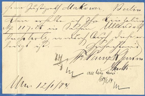 Postkarte - Justizrat Makower Postkarte geschäftlicher Art an Herrn Justizrath Makower in Berlin, Königstraße 7, - versandt am 12. Januar 1884 - Kartenrückseite