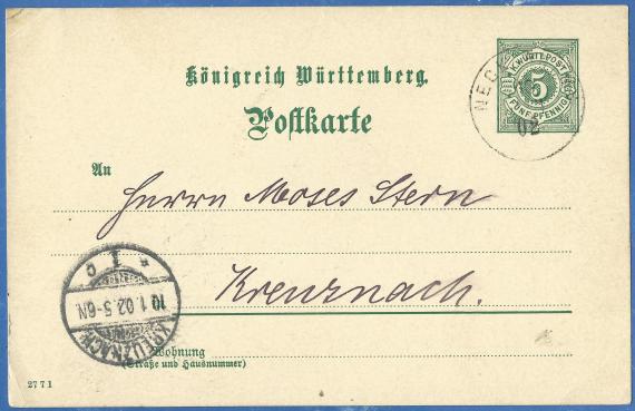 Postcard of a business nature to Mr. Moses Stern in Kreuznach, - mailed January 10, 1902