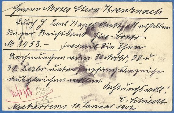 Postcard of business nature to Mr. Moses Stern in Kreuznach, - mailed on January 10, 1902 - back of card