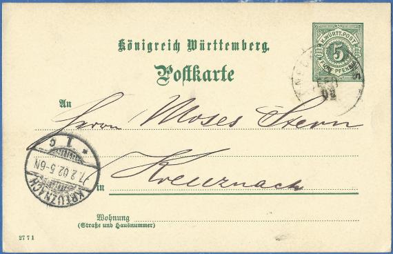 Postcard of a business nature to Mr. Moses Stern in Kreuznach, - mailed February 7, 1902