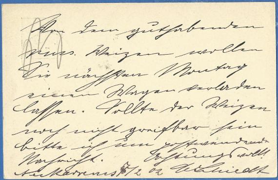 Postcard of a business nature to Mr. Moses Stern in Kreuznach, - mailed February 7, 1902 - back of card