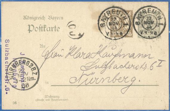 Postkarte an Frau Klara Kaufmann, Sulzbacherstraße 6 in Nürnberg, - versandt aus Bamberg am 22. November 1906