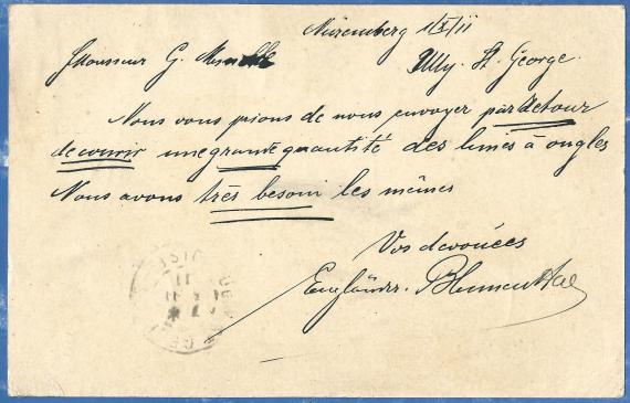 Postkarte geschäftlicher Art der Firma " Engländer & Blumenthal " von Nürnberg, versandt am 1. November 1911 nach Ully-St.Georges in Frankreich  -  Kartenrückseite