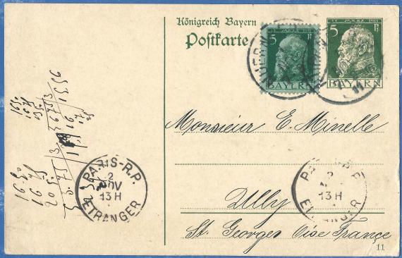 Postkarte geschäftlicher Art der Firma " Engländer & Blumenthal " von Nürnberg, versandt am 1. November 1911 nach Ully-St.Georges in Frankreich