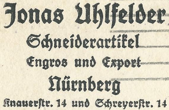 Business postcard of Jonas Uhlfelder, Schneiderartikel - Engros und Export, Nuremberg, Knauerstrasse 14 and Schreyerstrasse 14, - mailed October 24, 1921 - clipping address