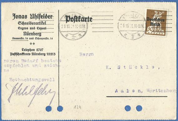 Business postcard from Jonas Uhlfelder, Schneiderartikel - Engros und Export, Nuremberg, Knauerstrasse 14 and Schreyerstrasse 14, - mailed on October 24, 1921