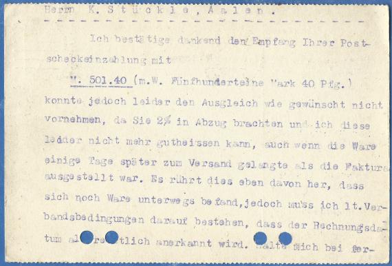 Geschäftspostkarte von Jonas Uhlfelder, Schneiderartikel - Engros und Export, Nürnberg, Knauerstraße 14 und Schreyerstraße 14, - versandt am 24. Oktober 1921 - Kartenrückseite