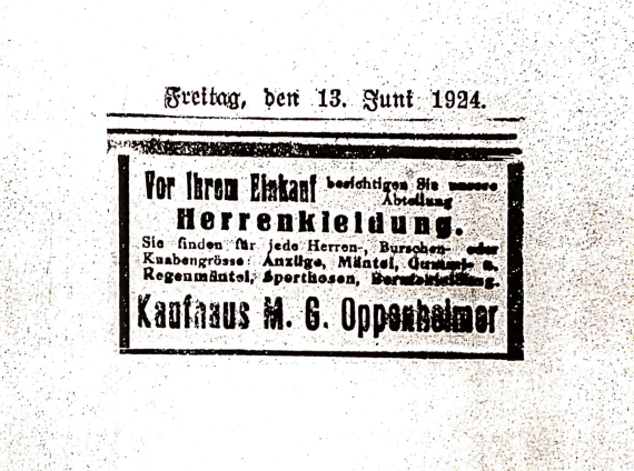 Zeitungswerbeannonce vom Konfektionshaus 