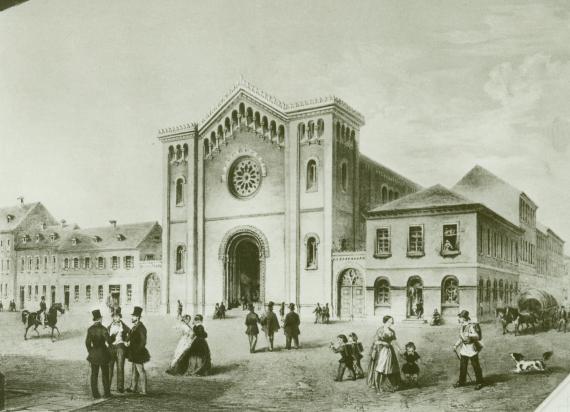 The lithograph from the 19th century shows a synagogue, in front of it people in contemporary dress, the men with top hats