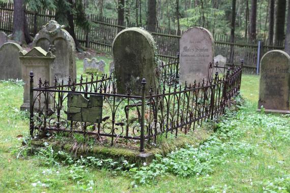 The picture shows the fenced double grave of Moses and Luise Simson. The gravestones are not next to each other, but behind each other. Luise Simson's gravestone is in front of her husband's gravestone.