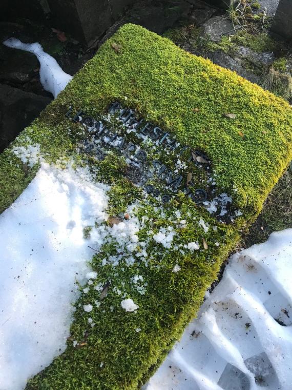 The picture shows a close-up of Leonhard Simson's gravestone, which is covered with moss. On it is written "Resting place Leonhard Simson 1878 - 1929".