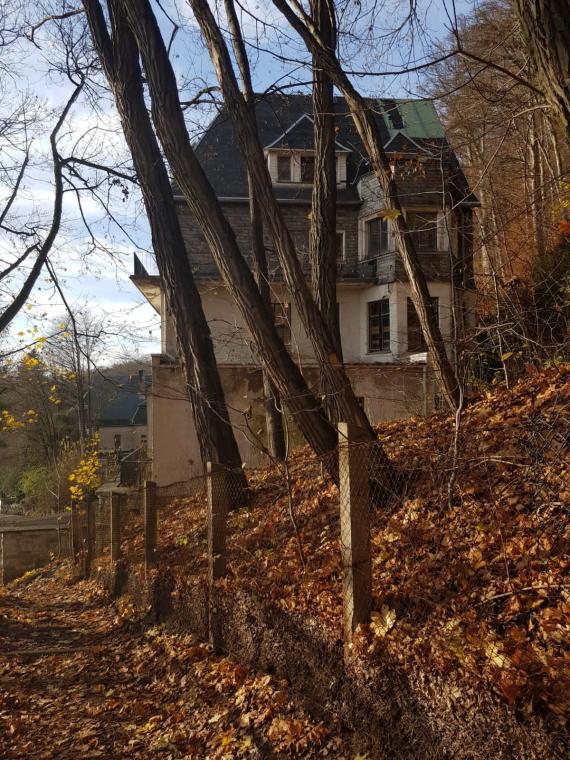 The photograph shows Villa Simson from the right side. Trees located on the property partially obscure the view. The building and its associated land are surrounded by wire mesh fence, which is held by stone pillars. There are leaves on the ground.