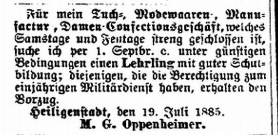 Excerpt from a newspaper in which Moses Gabriel Oppenheimer is looking for an apprentice for his store