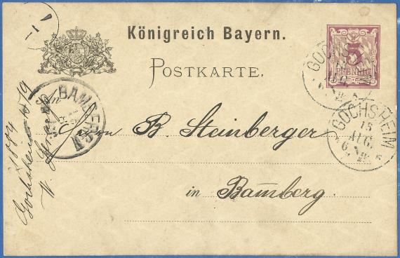 Postkarte - Bernhard Steinberger Postcard of a business nature to Mr. B. Steinberger in Bamberg, - sent on August 15, 1884