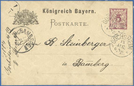 Postkarte geschäftlicher Art an Herrn B. Steinberger in Bamberg, - versandt am 15. August 1884