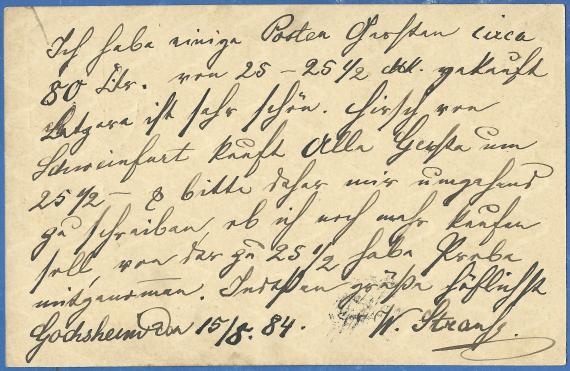 Postkarte - Bernhard Steinberger Postcard of a business nature to Mr. B. Steinberger in Bamberg, - mailed August 15, 1884 - back of card