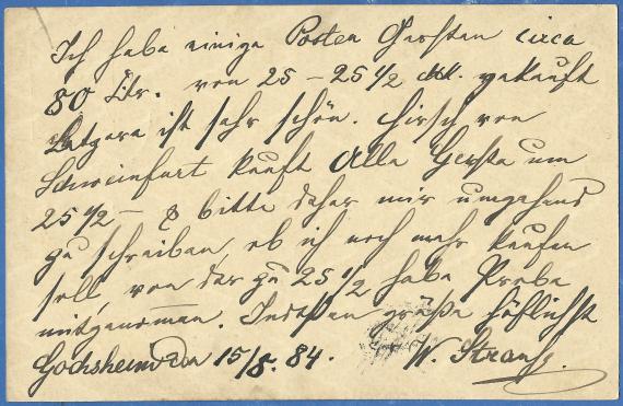 Postcard of a business nature to Mr. B. Steinberger in Bamberg, - mailed August 15, 1884 - back of card