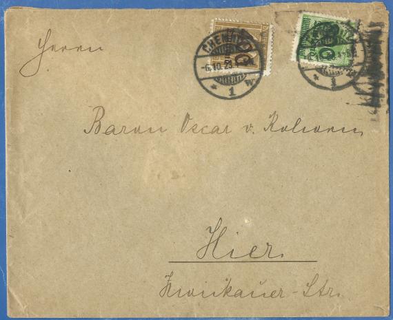 Envelope addressed to Baron Oscar von Kohorn in Chemnitz, Zwickauer Straße - mailed on October 6, 1923