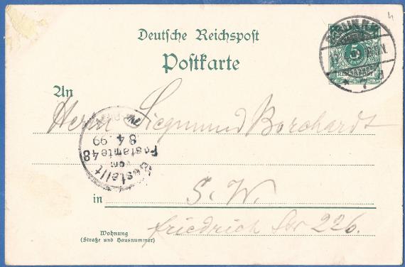 Historical picture postcard (lithograph) "Greetings from Berlin - Palace Fountain " to Mr. Siegmund Borchert in Berlin S.W., Friedrichstraße 226, - mailed on April 17, 1899 - back of card - address side