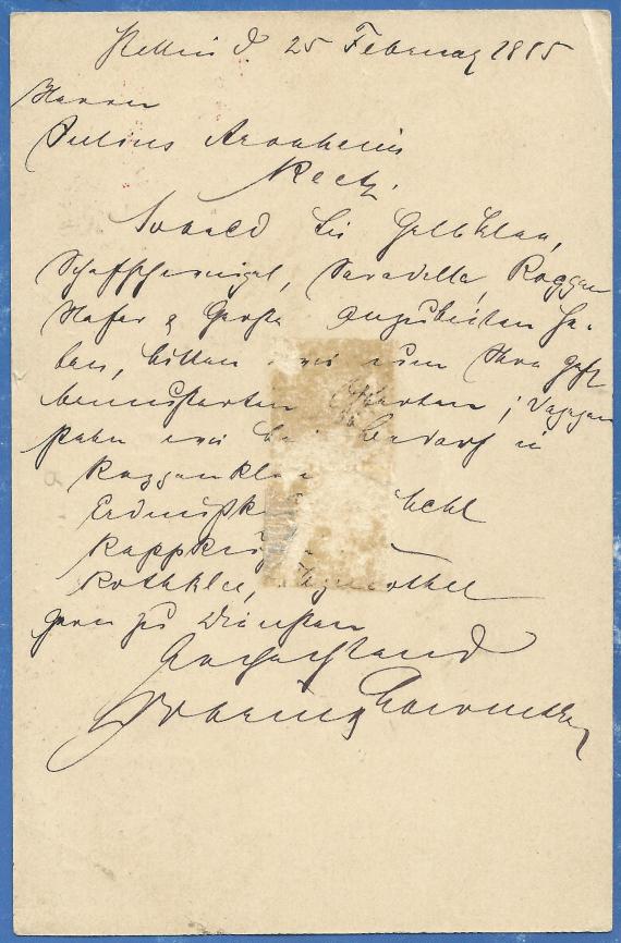 Postkarte - Dobrin & Löwenthal Postkarte geschäftlicher Art der Getreidehandlung Dobrin & Löwenthal von Stettin, - versandt an Herrn Julius Aronheim in Reetz / Pommern (Recz-Polen) am 25. Februar 1885 - Kartenrückseite