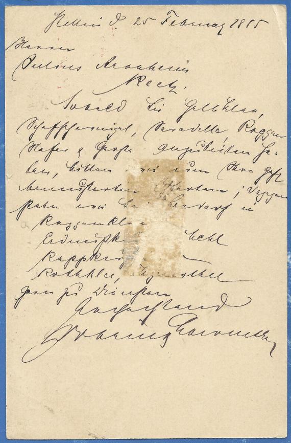 Postkarte geschäftlicher Art der Getreidehandlung Dobrin & Löwenthal von Stettin, - versandt an Herrn Julius Aronheim in Reetz  / Pommern (Recz-Polen) am 25. Februar 1885  - Kartenrückseite