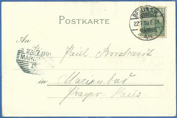 Historische Ansichtskarte Berlin - Paul Borchardt Historische Ansichtskarte von Berlin mit Geburtstagsglückwünschen - versandt am 22. Juli 1900 an Herrn Paul Borchardt in Marienbad, Prager Haus
Postkartenanschriftseite