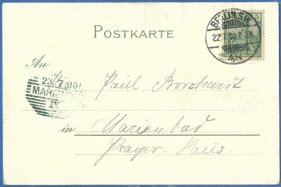 Historical picture postcard of Berlin with birthday wishes - sent on July 22, 1900 to Mr. Paul Borchardt in Marienbad, Prague House
Postcard address page