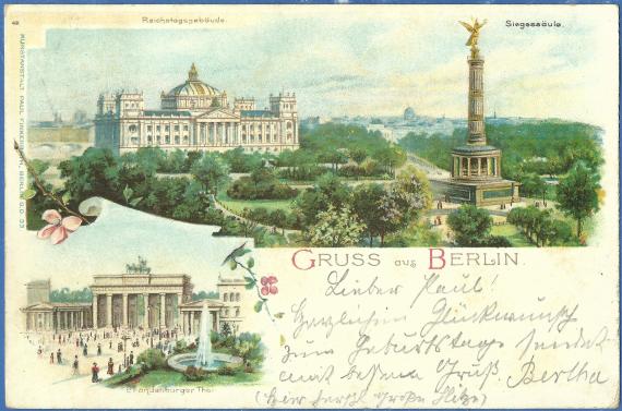 Historische Ansichtskarte Berlin - Herrn Paul Borchardt Historische Ansichtskarte von Berlin mit Geburtstagsglückwünschen - versandt am 22. Juli 1900 an Herrn Paul Borchardt in Marienbad, Prager Haus -
Postkarten-Bildseite