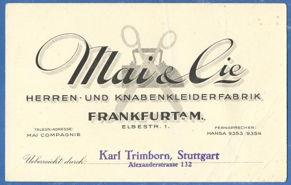 Representative card of the men's and boys' clothing factory Mai & Cie in Frankfurt a. M., Elbestraße 1