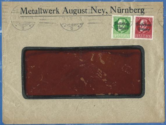 Geschäftsbriefumschlag " Metallwerk August Ney " in Nürnberg, - versandt am 23. Mai 1919 