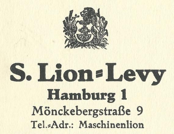 Geschäftspostkarte der Fa.  S. Lion- Levy in Hamburg, Mönckebergstraße 9, - versandt am 10. August 1936 - Ausschnittvergrößerung Firmenlogo