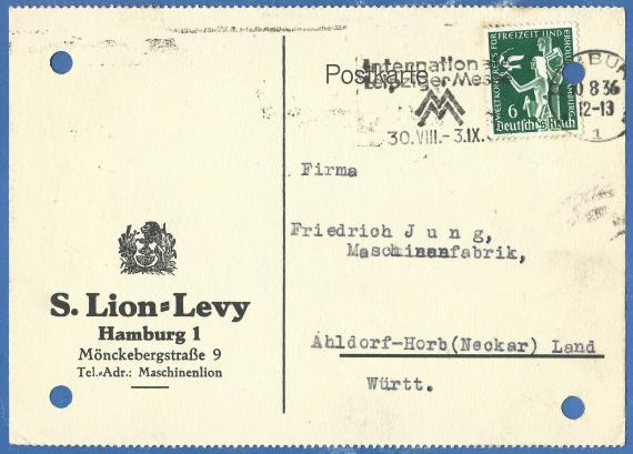 Geschäftspostkarte der Fa.  S. Lion- Levy in Hamburg, Mönckebergstraße 9, - versandt am 10. August 1936 