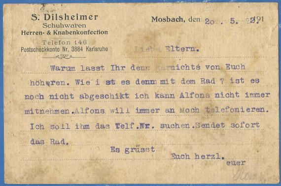 Postcard from " S.Dilsheimer,Schuhwaren - Herren-& Knabenkonfection " in Mosbach, - mailed 20.May 1922 - back of the card